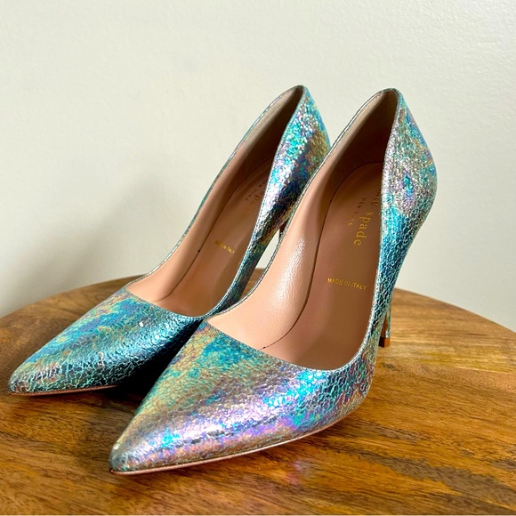 Kate Spade NWOB Larissa Blue Swirl Iridescent Crackle Genuine Leather 4”Heels 5M - Picture 6 of 15